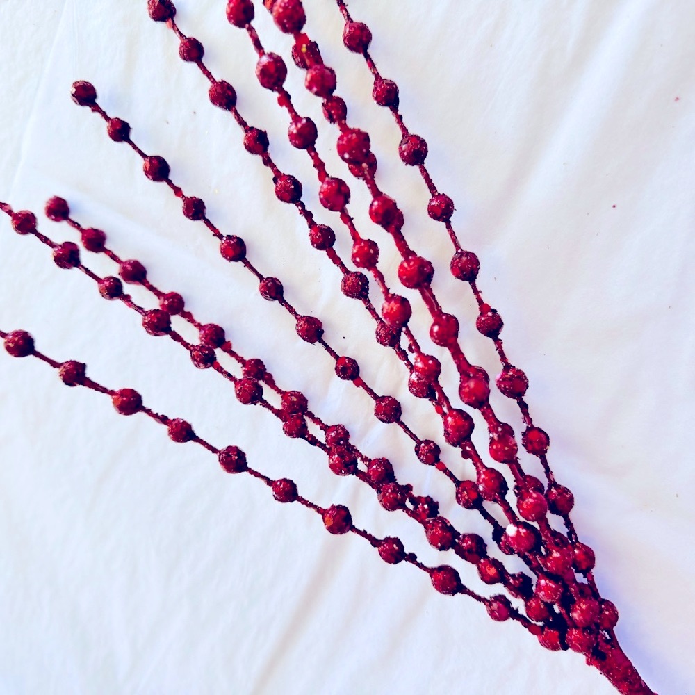 17” Set of 2 Red Glitter Berry Stems Christmas Holiday Jeweled Floral Picks